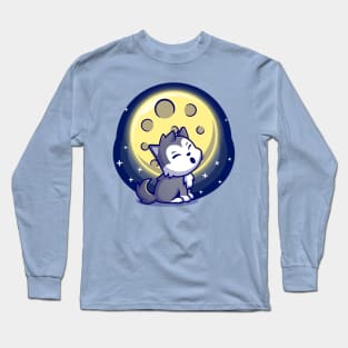 Cute Wolf Roar With Moon Cartoon Long Sleeve T-Shirt